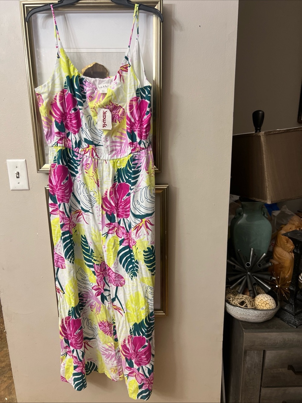 Nicole Miller White Jumpsuit with Pink & Green Tropical Print - Picture 2 of 9